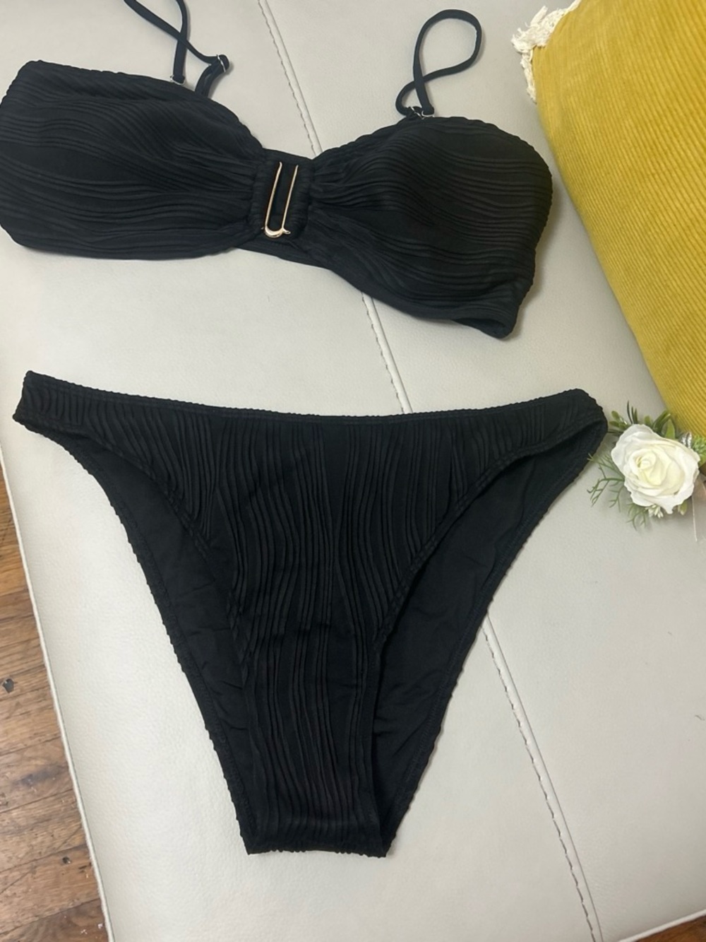 Black Textured Bandeau Bikini Set with Removable Straps